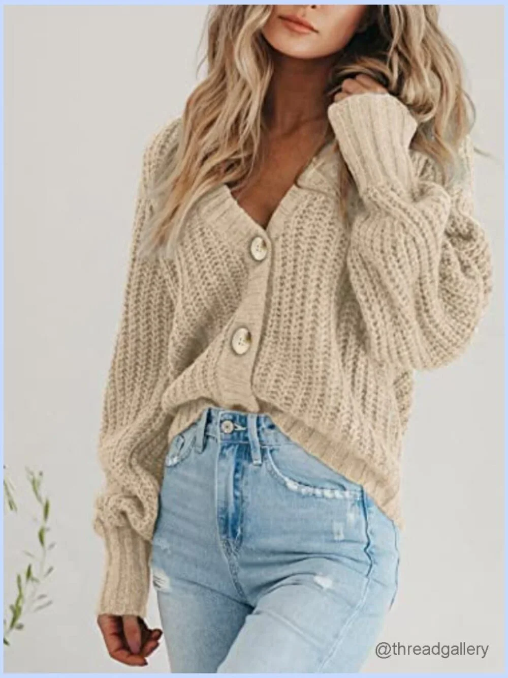 Chunky Knit Open Front Cardigan Long Sleeve Button Loose Short Coat